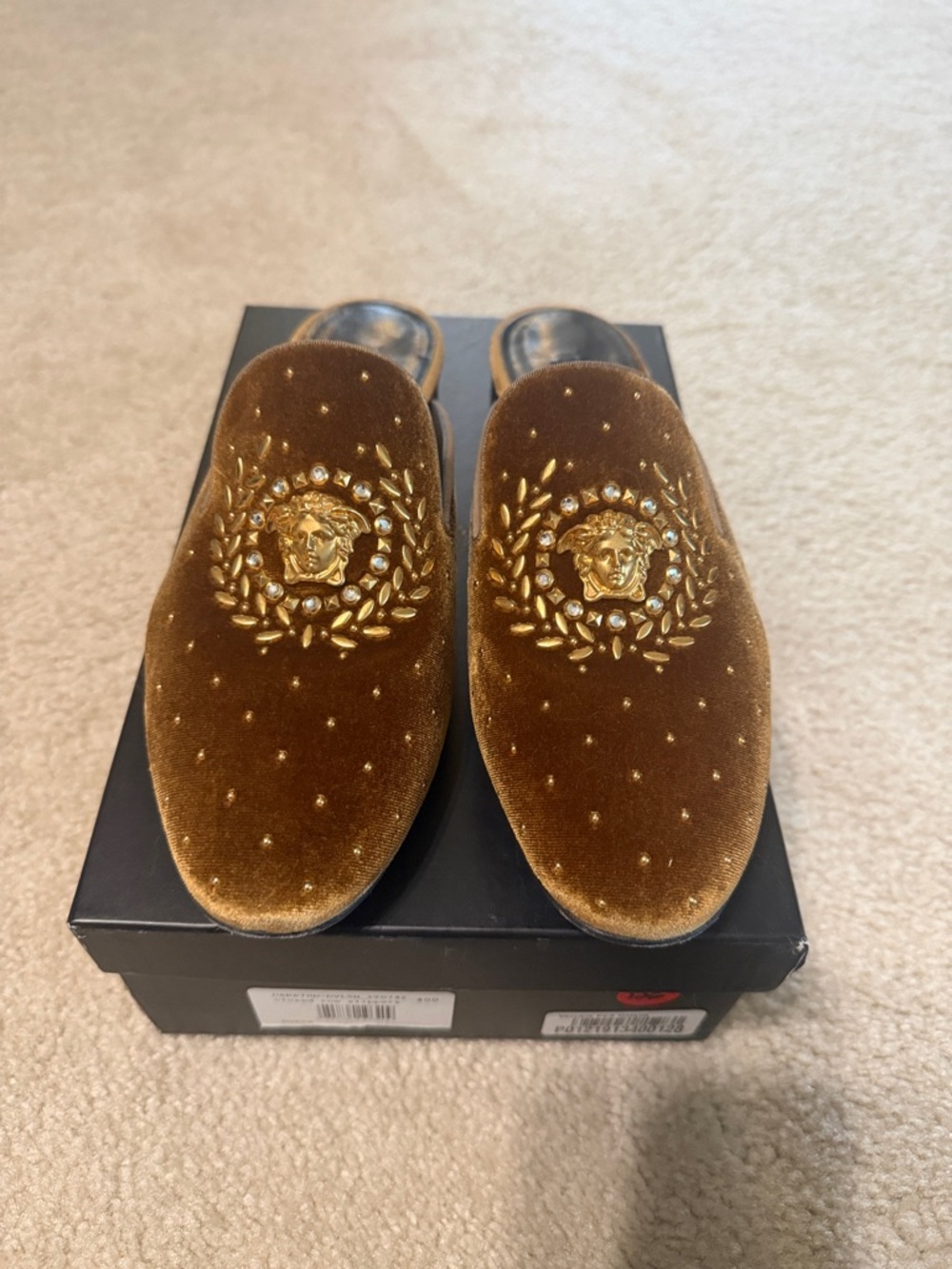 Versace Brown Velvet Embellished Slip-On Loafers